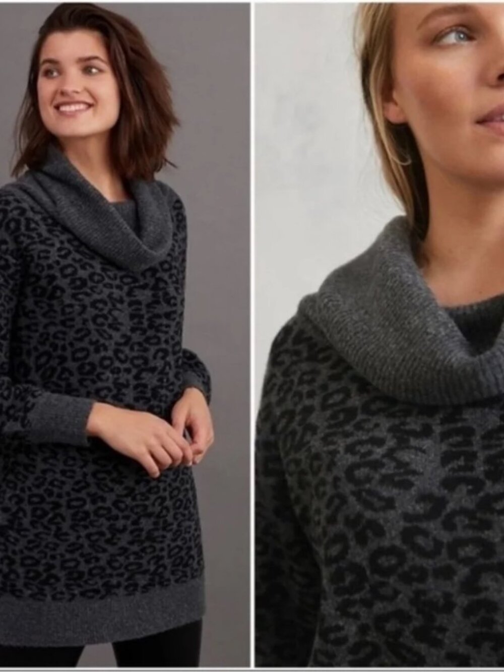 Anthropologie Emmy Cowl Neck Gray Leopard Print Sweater Tunic Small